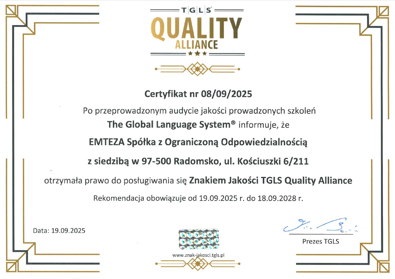 Uzyskaliśmy certyfikat jakości TGLS !